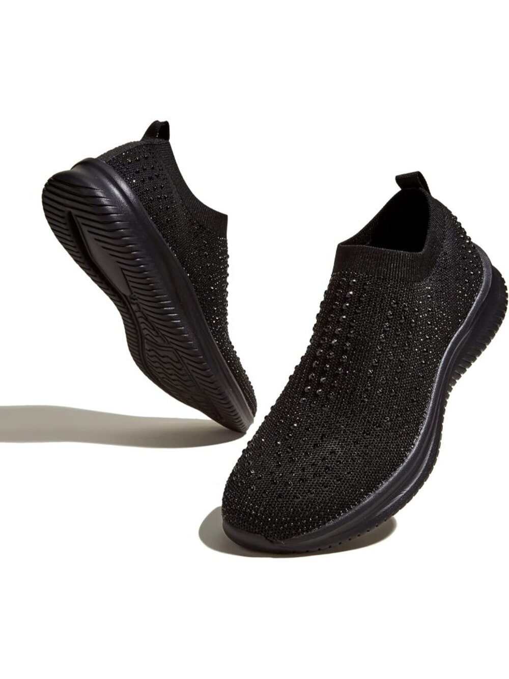 Women's Black Rhinestone Comfortable Sparkly Mesh Sock Fashion Walking Sneakers